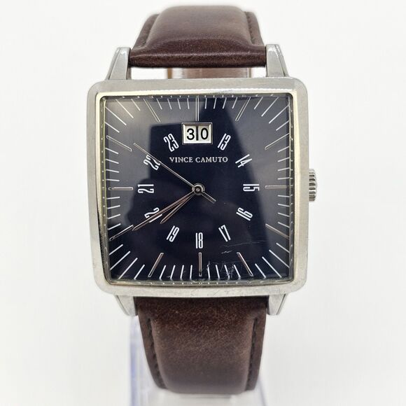 Vince Camuto Men's Watch 38MM Blue Dial Date Brown Leather Bands New Battery - Picture 2 of 15